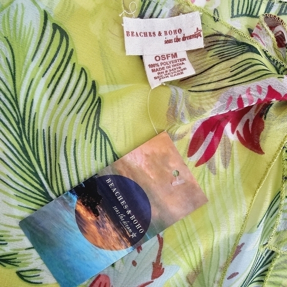 New! Beaches & Boho Tropical Hibiscus Floral Lime Green Sheer Sarong Coverup - Picture 5 of 7